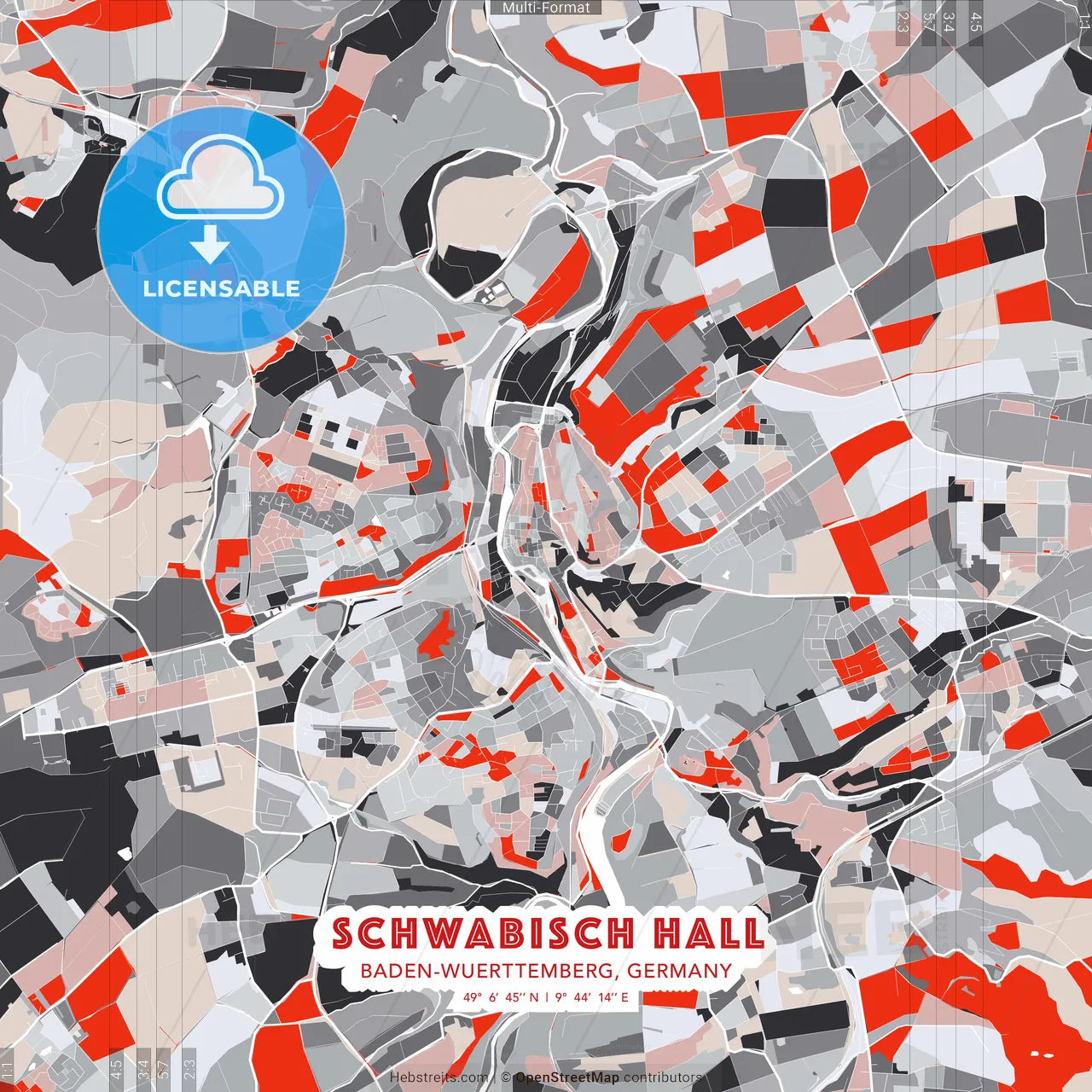 Schwabisch Hall, Baden-Wuerttemberg, Germany - modern street map poster template with gray and red tones