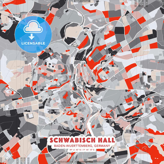 Schwabisch Hall, Baden-Wuerttemberg, Germany - modern street map poster template with gray and red tones