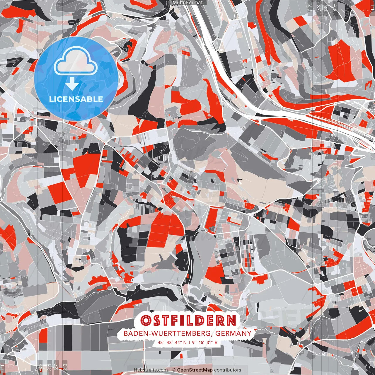 Ostfildern, Baden-Wuerttemberg, Germany - modern street map poster template with gray and red tones
