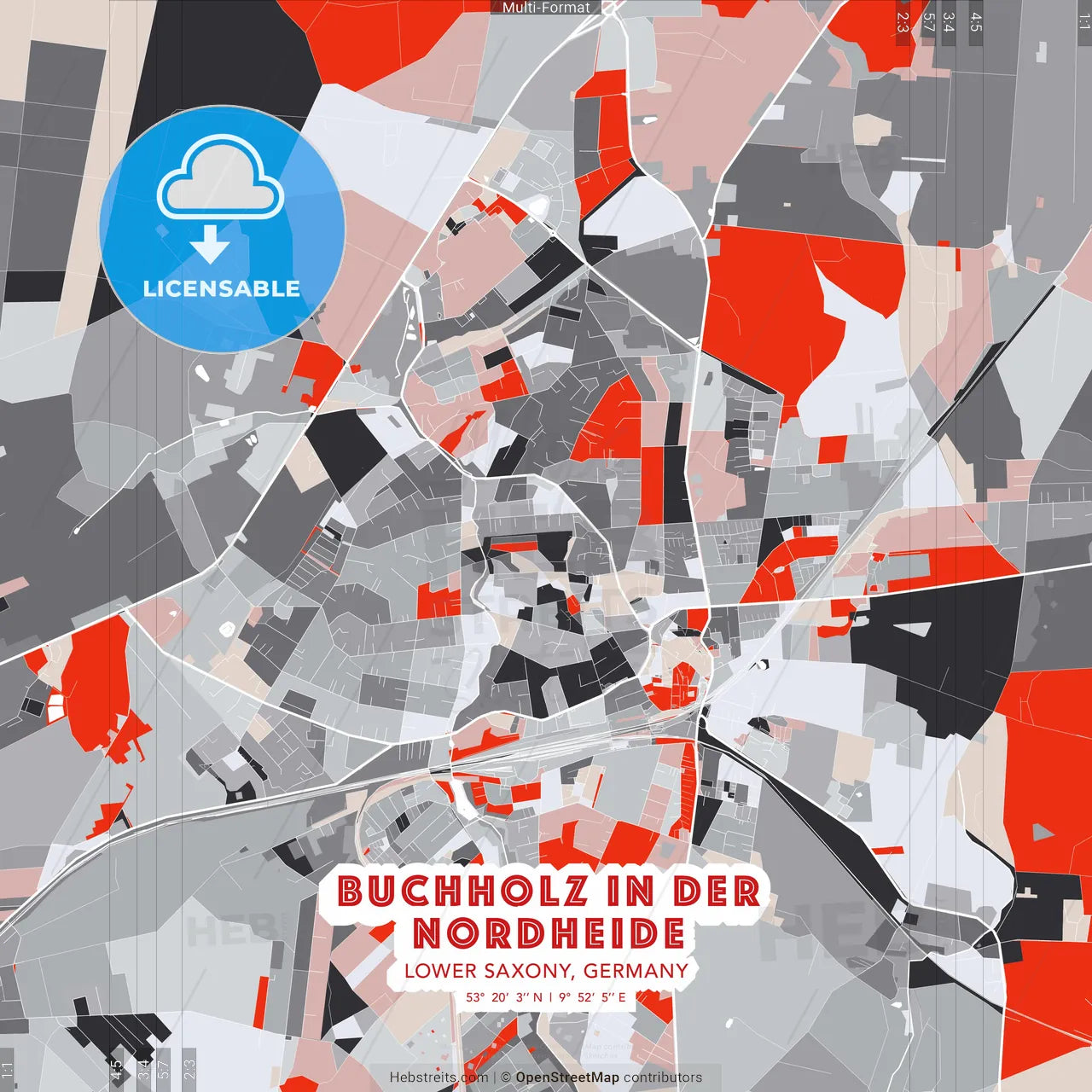 Buchholz in der Nordheide, Lower Saxony, Germany - modern street map poster template with gray and red tones