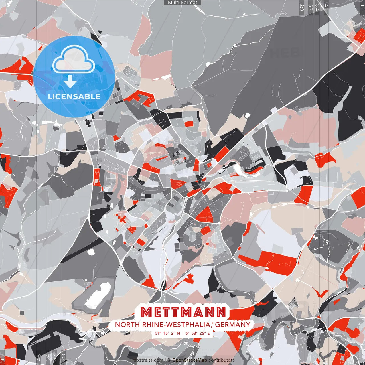 Mettmann, North Rhine-Westphalia, Germany - modern street map poster template with gray and red tones