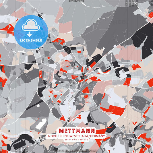 Mettmann, North Rhine-Westphalia, Germany - modern street map poster template with gray and red tones