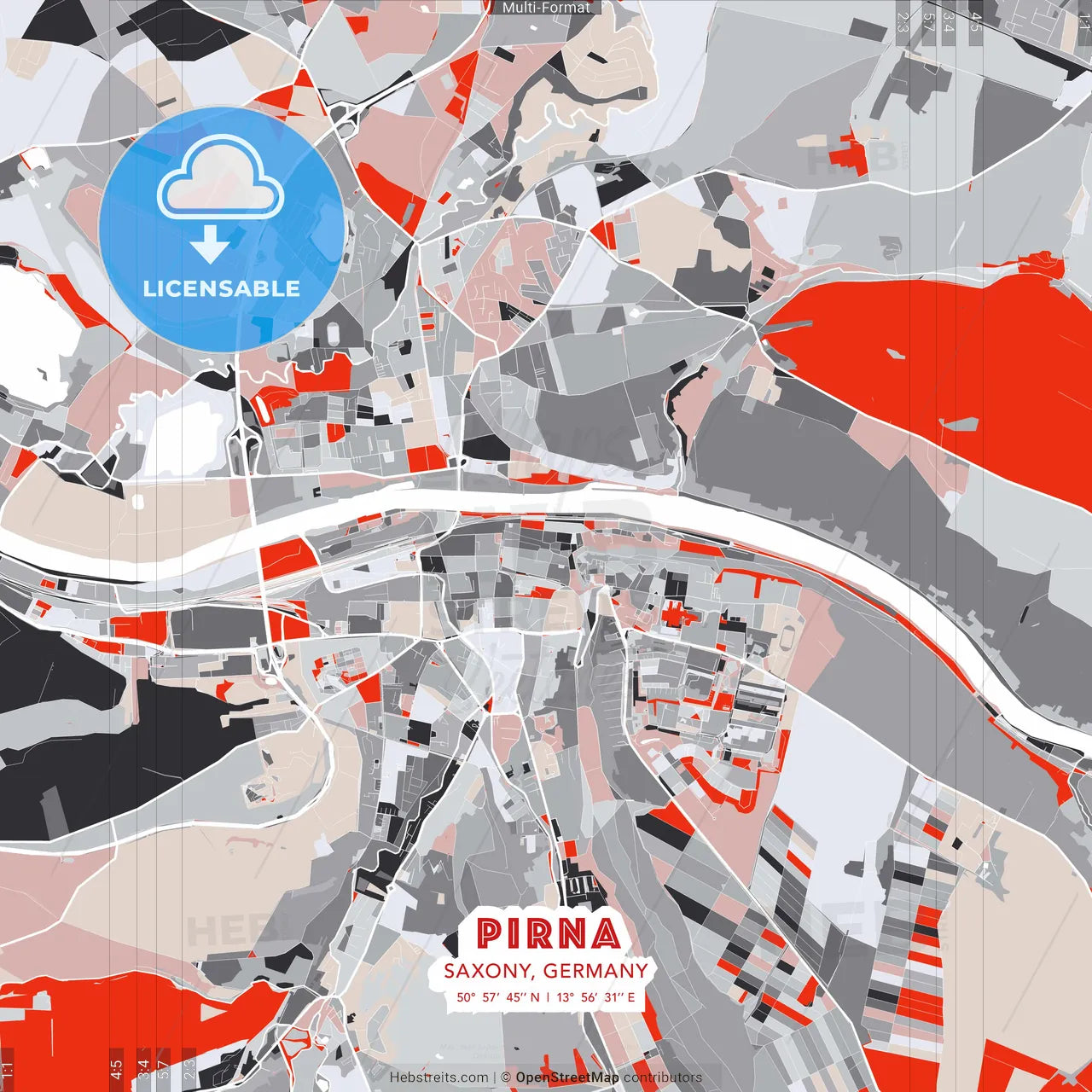 Pirna, Saxony, Germany - modern street map poster template with gray and red tones