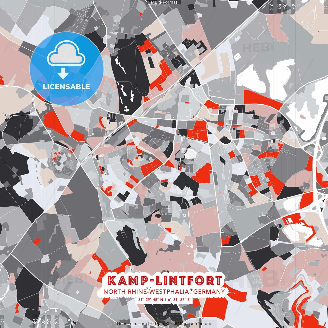 Kamp-Lintfort, North Rhine-Westphalia, Germany - modern street map poster template with gray and red tones