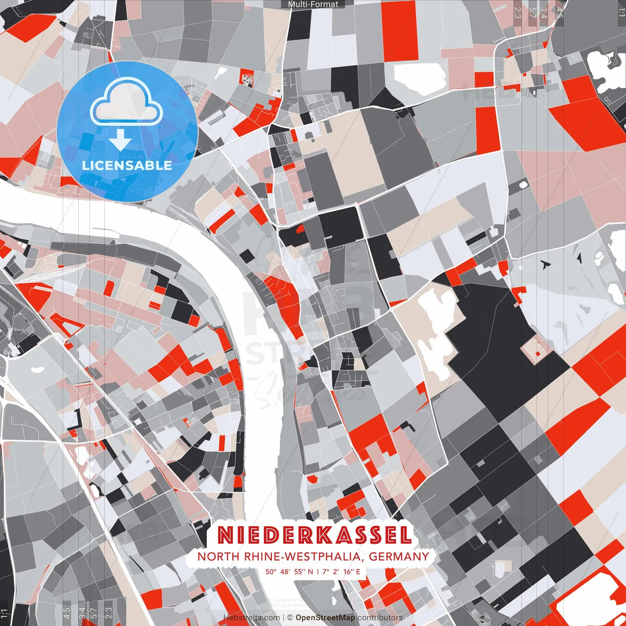 Niederkassel, North Rhine-Westphalia, Germany - modern street map poster template with gray and red tones