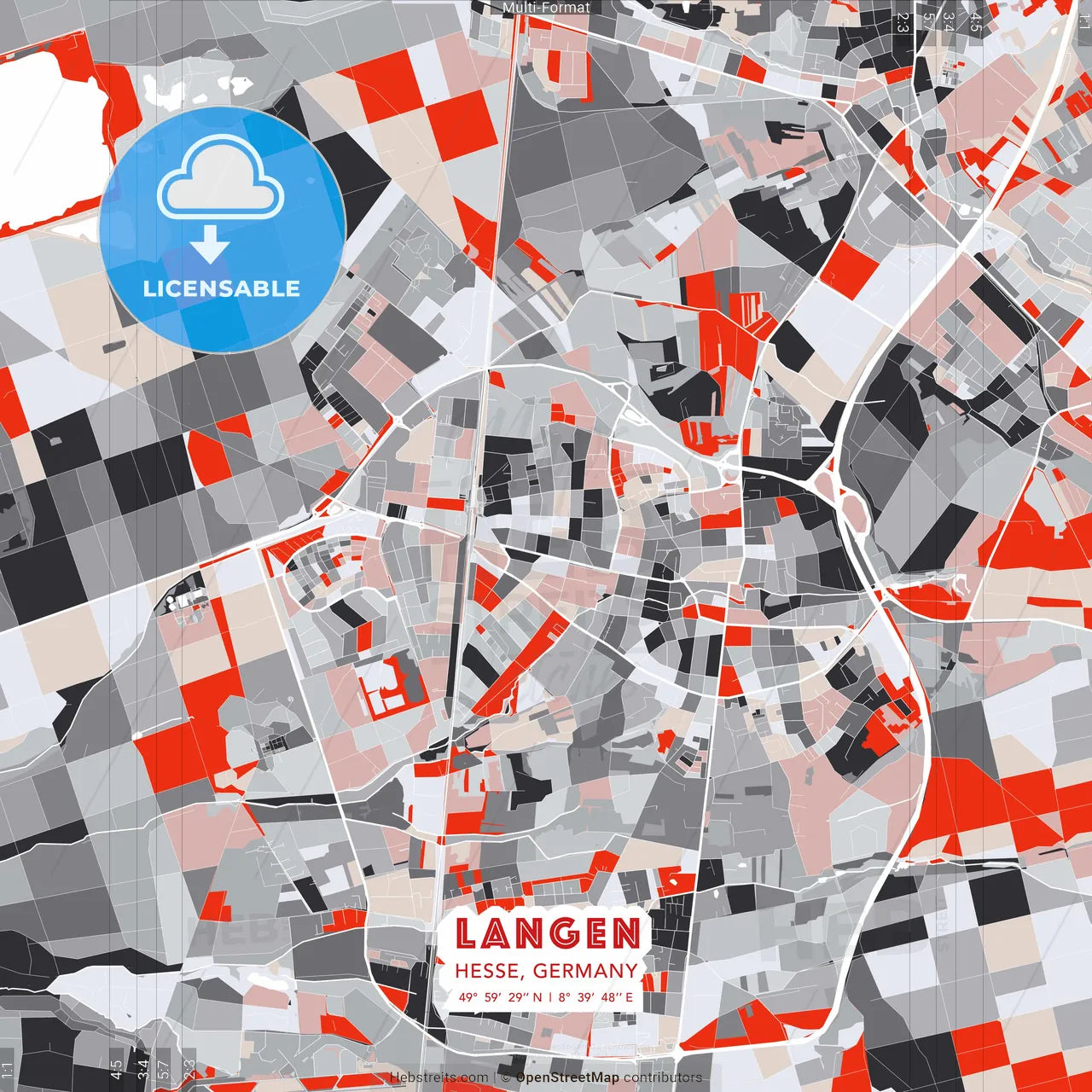 Langen, Hesse, Germany - modern street map poster template with gray and red tones