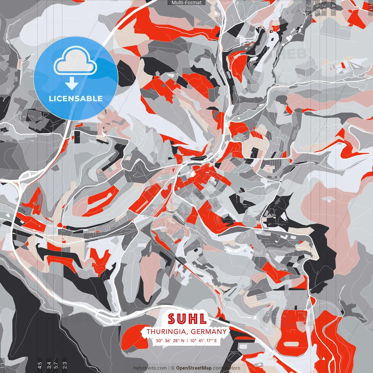 Suhl, Thuringia, Germany - modern street map poster template with gray and red tones