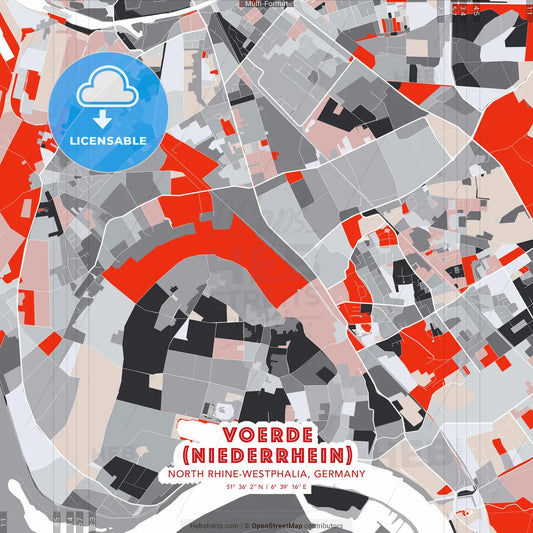 Voerde (Niederrhein), North Rhine-Westphalia, Germany - modern street map poster template with gray and red tones
