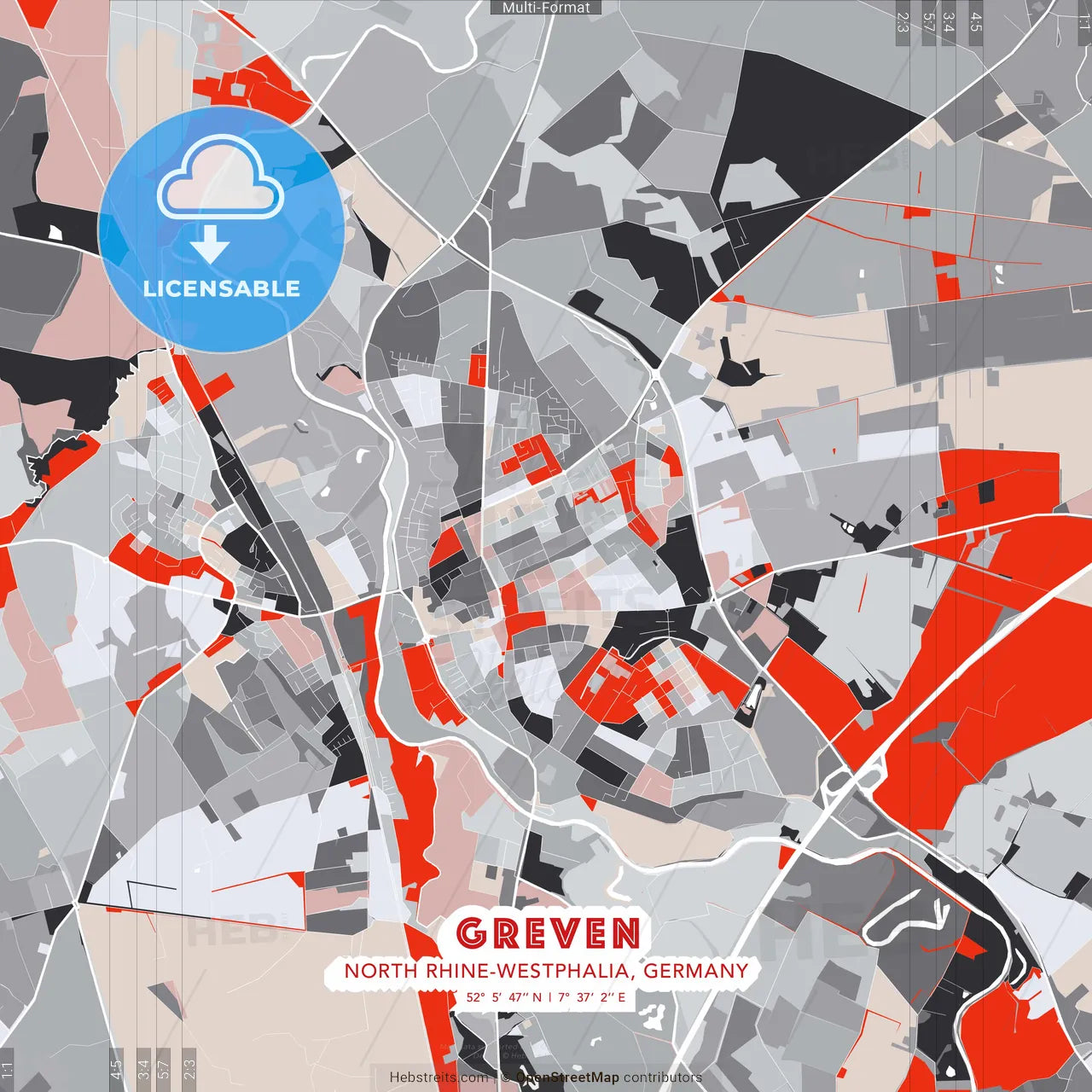 Greven, North Rhine-Westphalia, Germany - modern street map poster template with gray and red tones