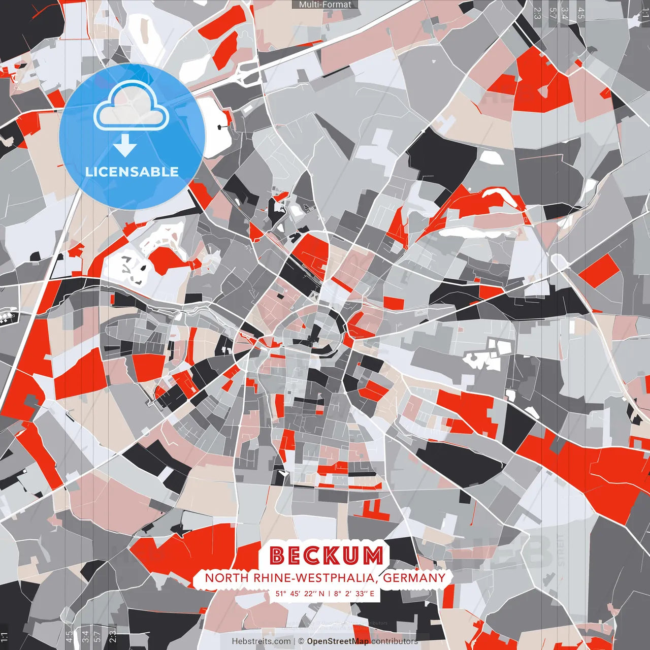 Beckum, North Rhine-Westphalia, Germany - modern street map poster template with gray and red tones