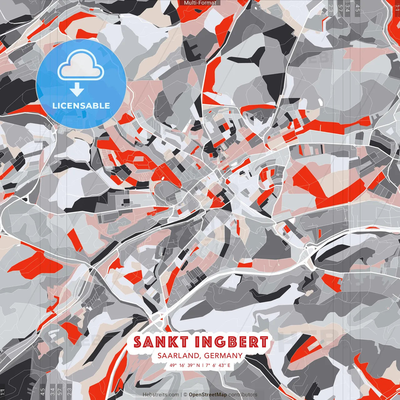 Sankt Ingbert, Saarland, Germany - modern street map poster template with gray and red tones