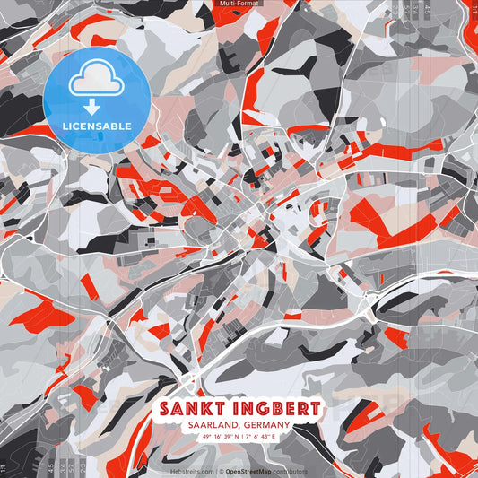 Sankt Ingbert, Saarland, Germany - modern street map poster template with gray and red tones