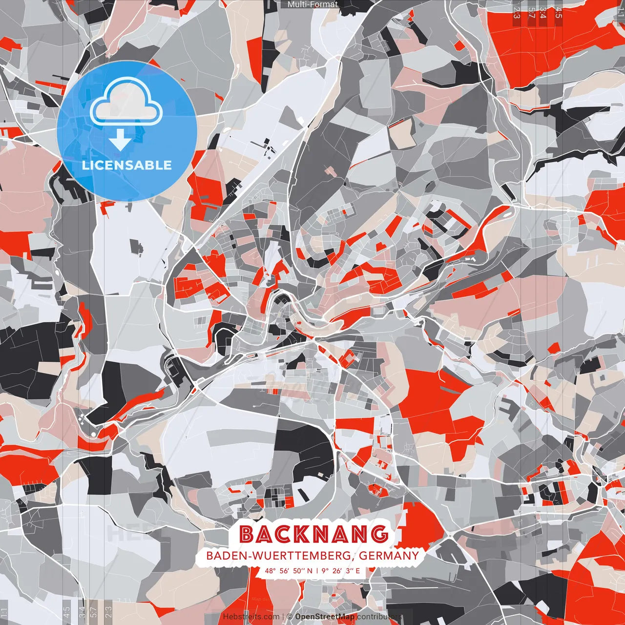 Backnang, Baden-Wuerttemberg, Germany - modern street map poster template with gray and red tones