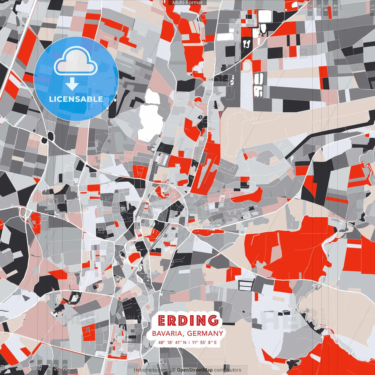 Erding, Bavaria, Germany - modern street map poster template with gray and red tones