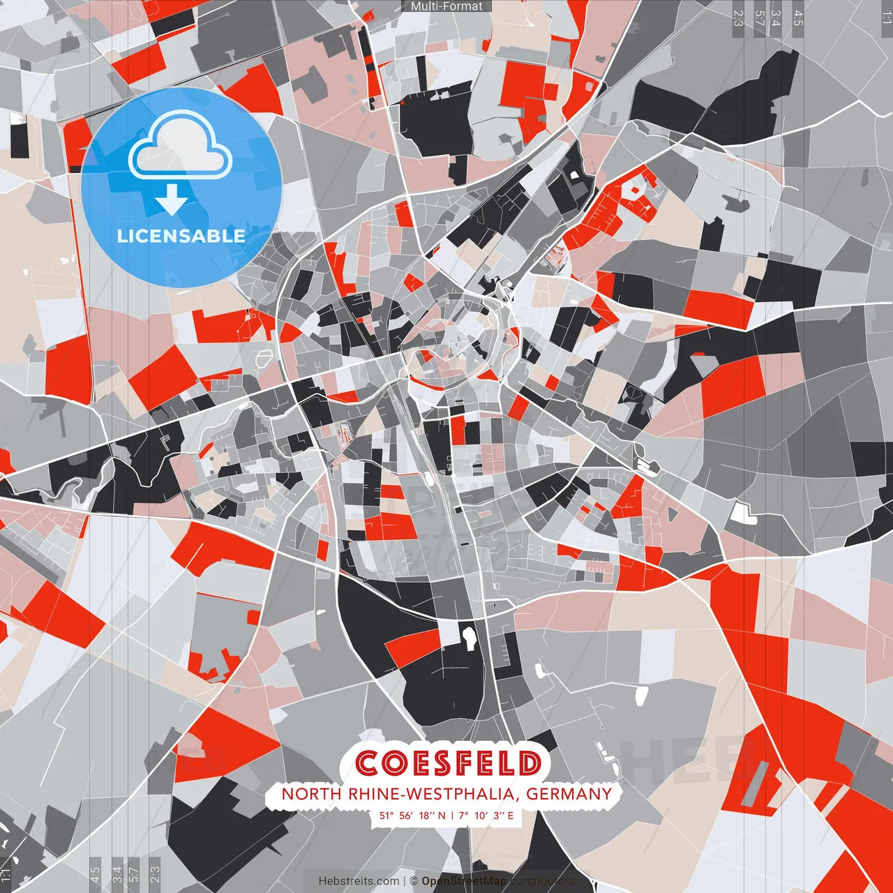 Coesfeld, North Rhine-Westphalia, Germany - modern street map poster template with gray and red tones