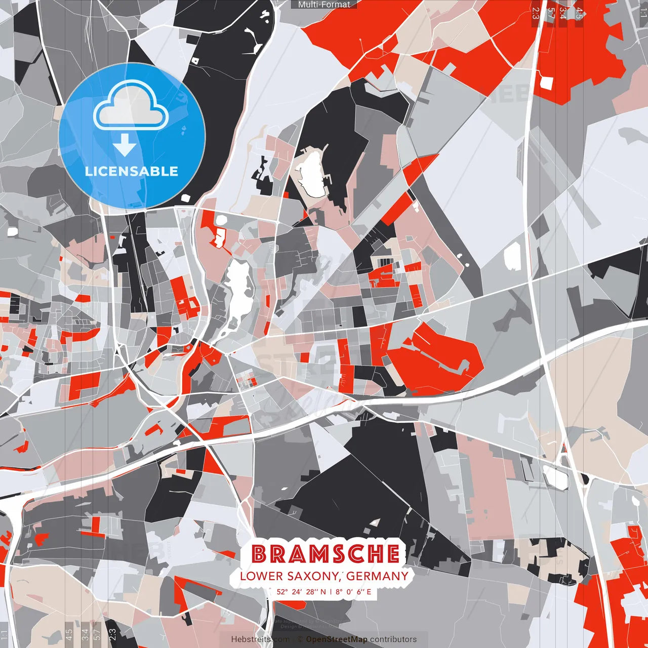 Bramsche, Lower Saxony, Germany - modern street map poster template with gray and red tones