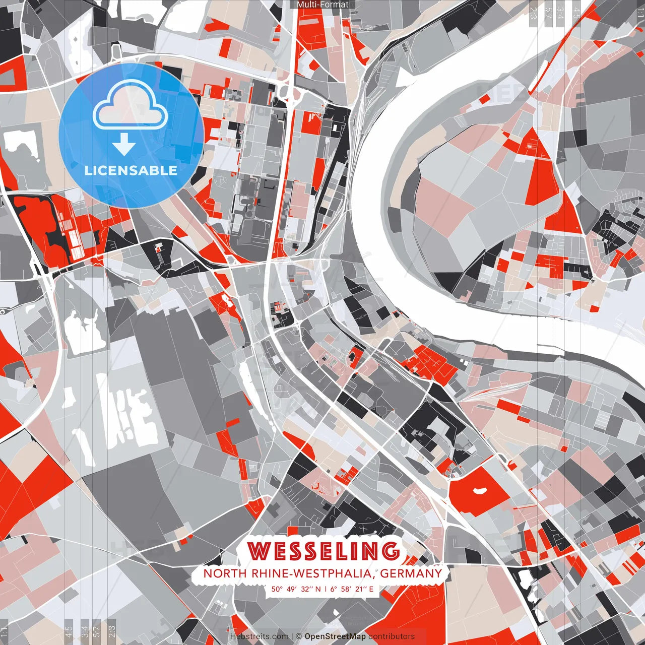 Wesseling, North Rhine-Westphalia, Germany - modern street map poster template with gray and red tones