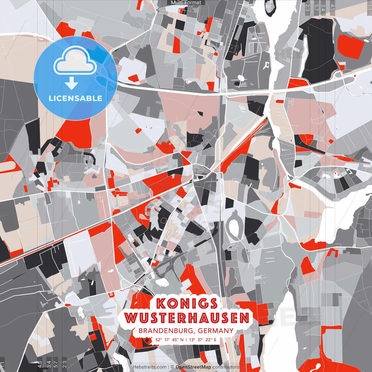 Konigs Wusterhausen, Brandenburg, Germany - modern street map poster template with gray and red tones