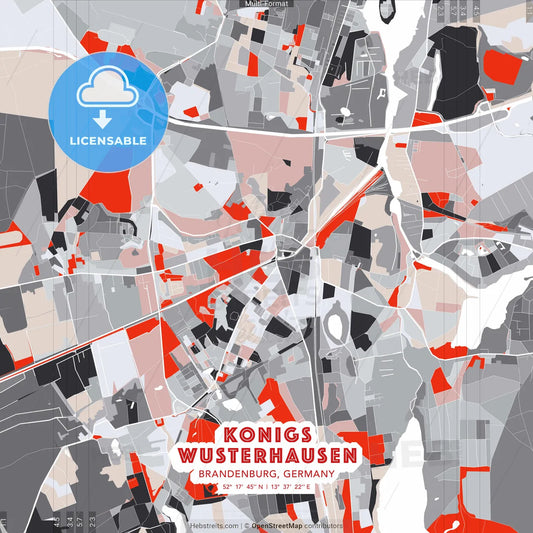 Konigs Wusterhausen, Brandenburg, Germany - modern street map poster template with gray and red tones