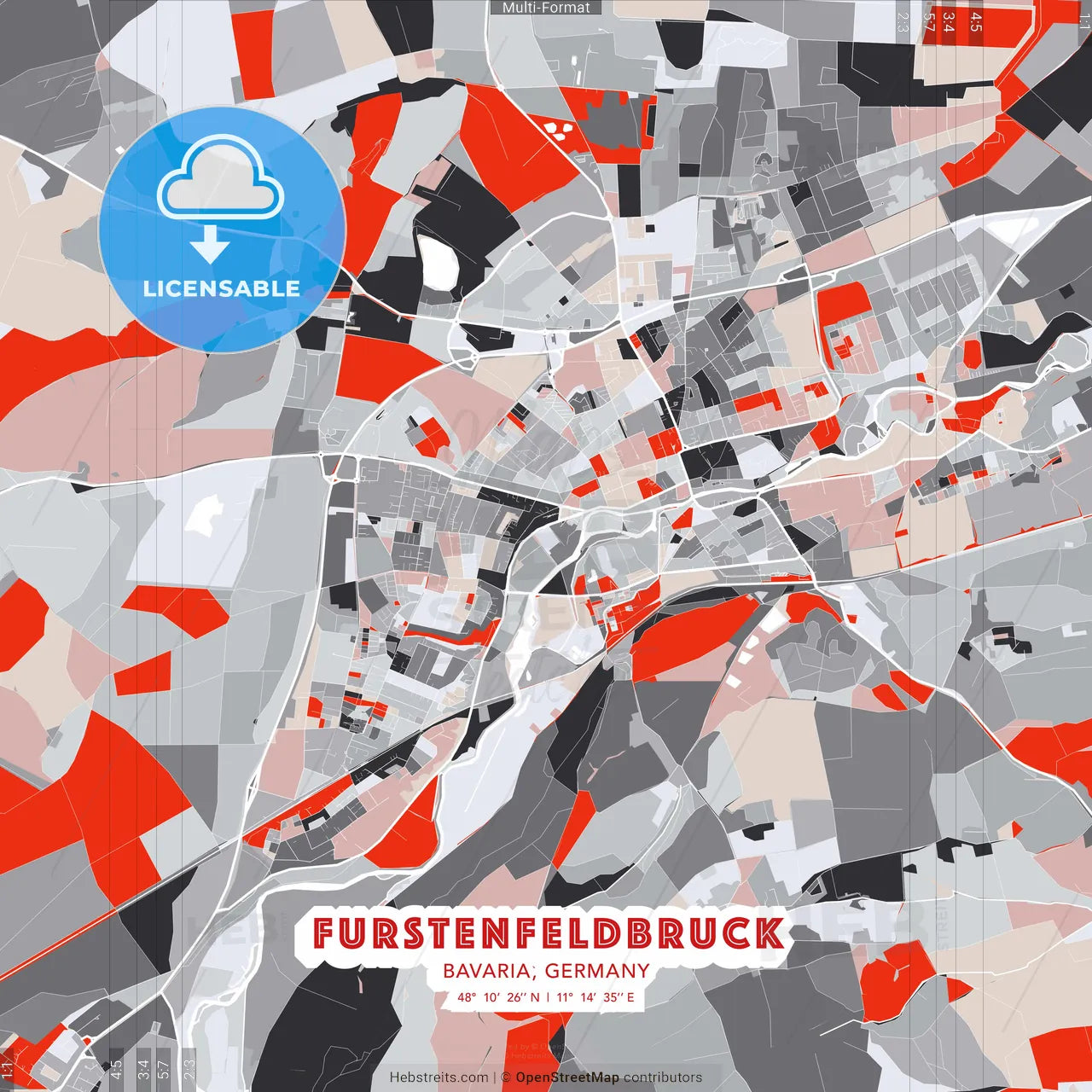 Furstenfeldbruck, Bavaria, Germany - modern street map poster template with gray and red tones