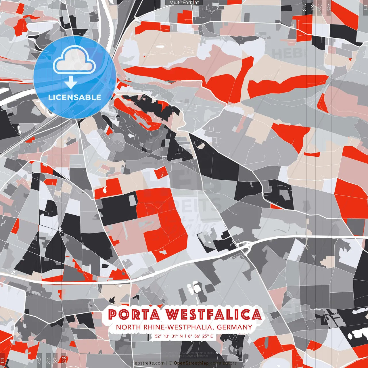 Porta Westfalica, North Rhine-Westphalia, Germany - modern street map poster template with gray and red tones