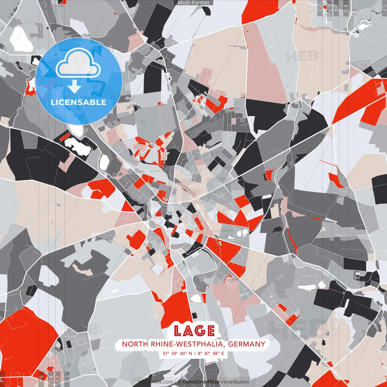 Lage, North Rhine-Westphalia, Germany - modern street map poster template with gray and red tones