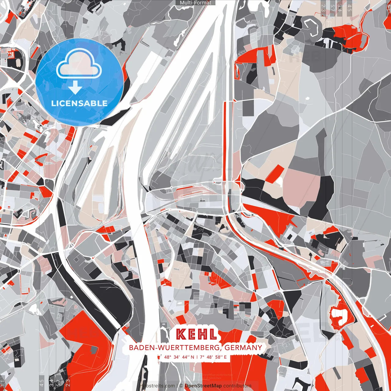 Kehl, Baden-Wuerttemberg, Germany - modern street map poster template with gray and red tones