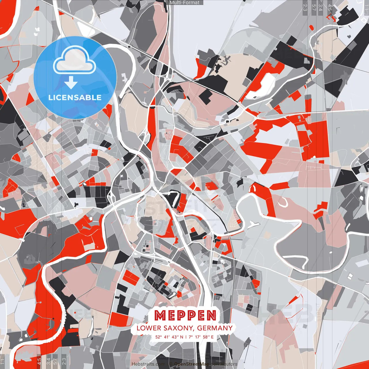 Meppen, Lower Saxony, Germany - modern street map poster template with gray and red tones
