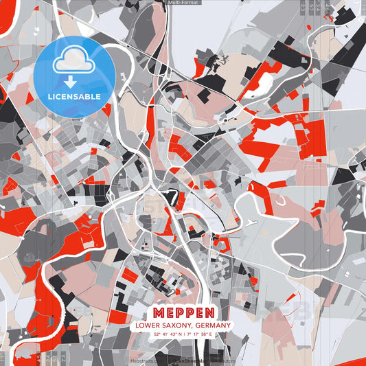 Meppen, Lower Saxony, Germany - modern street map poster template with gray and red tones