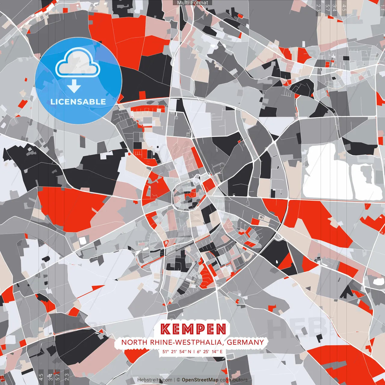 Kempen, North Rhine-Westphalia, Germany - modern street map poster template with gray and red tones