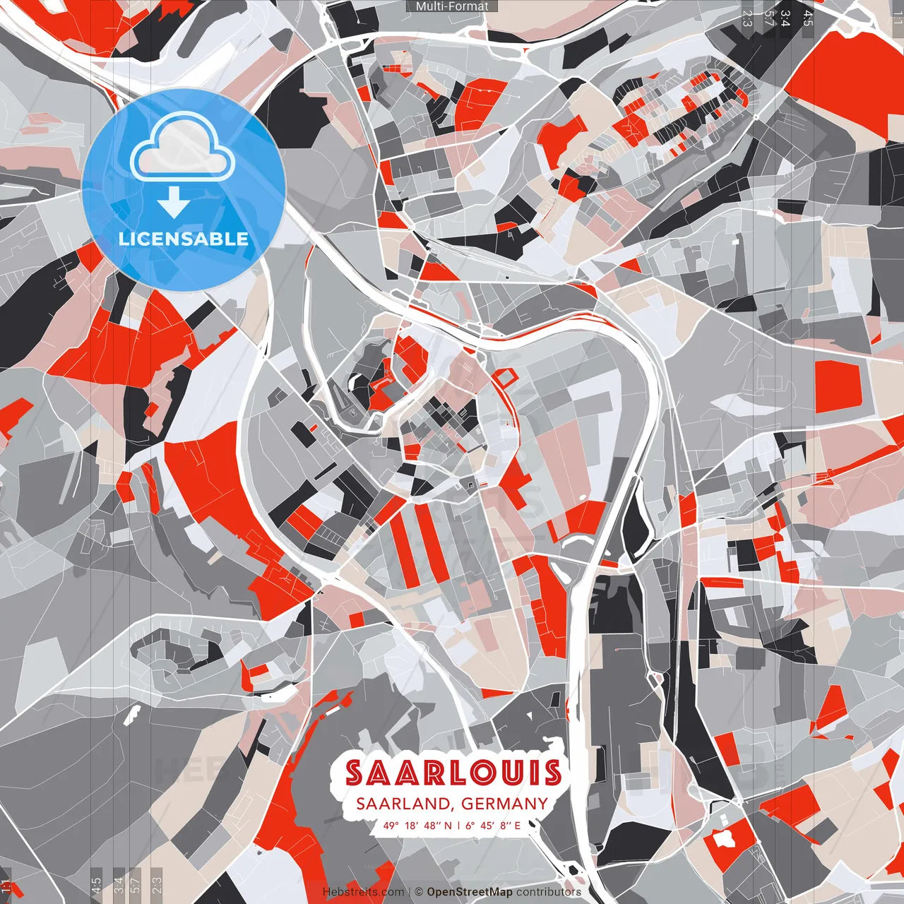 Saarlouis, Saarland, Germany - modern street map poster template with gray and red tones