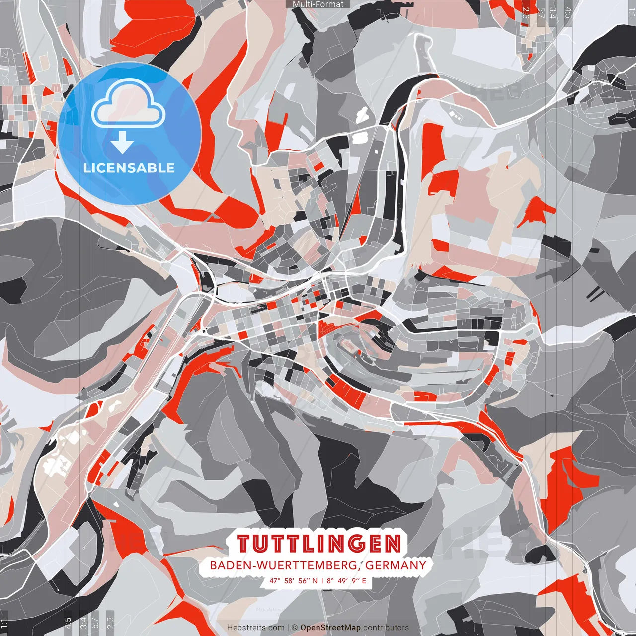 Tuttlingen, Baden-Wuerttemberg, Germany - modern street map poster template with gray and red tones