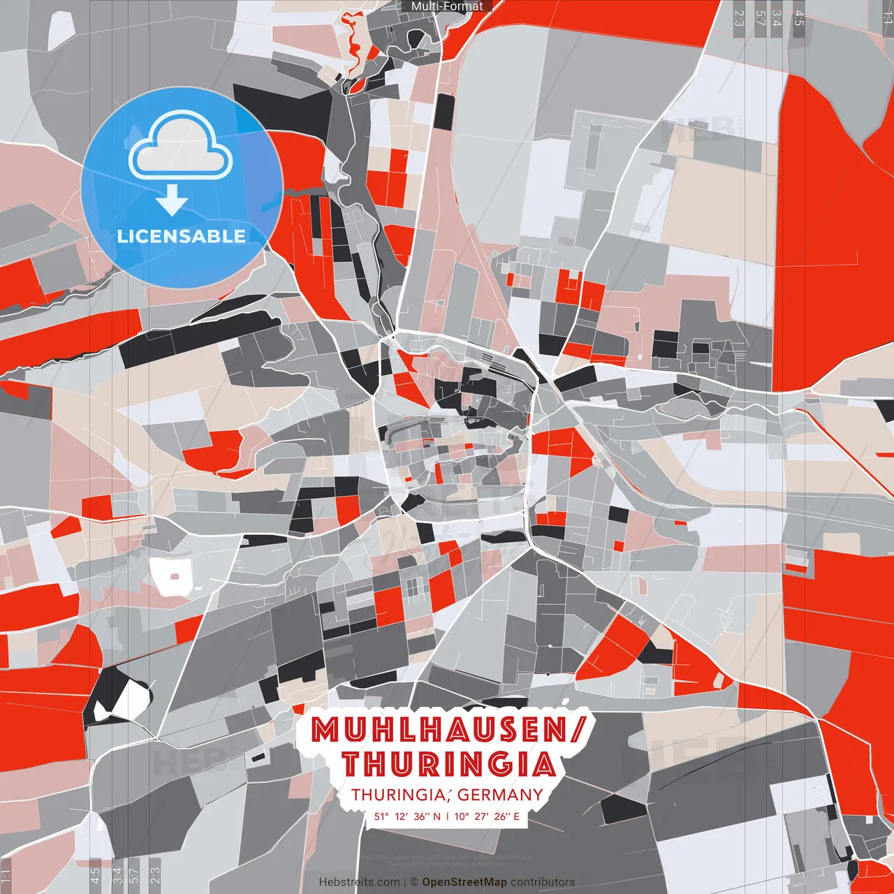 Muhlhausen/Thuringia, Thuringia, Germany - modern street map poster template with gray and red tones