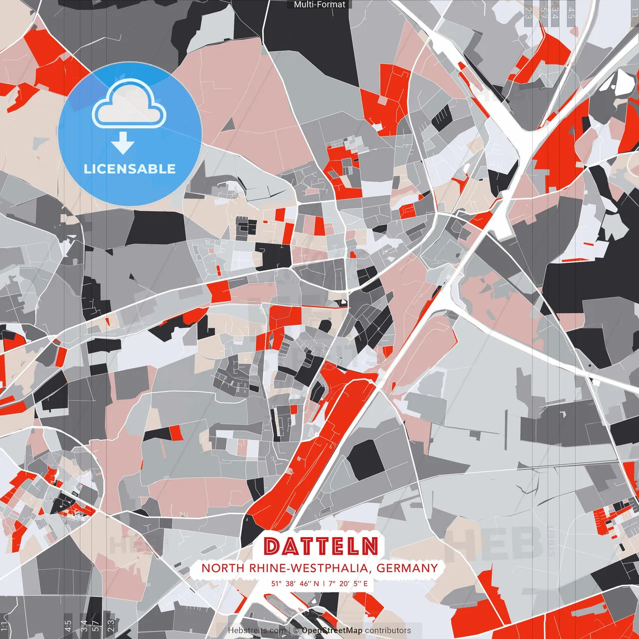 Datteln, North Rhine-Westphalia, Germany - modern street map poster template with gray and red tones