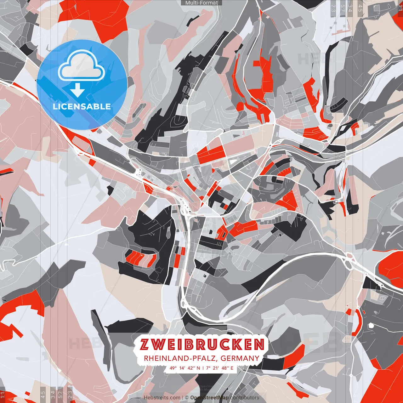 Zweibrucken, Rheinland-Pfalz, Germany - modern street map poster template with gray and red tones