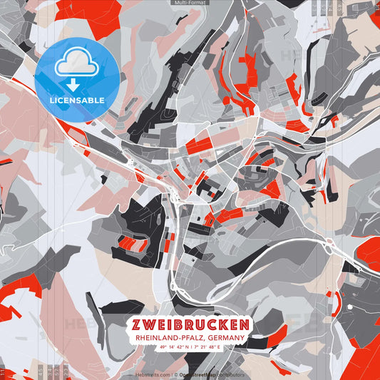 Zweibrucken, Rheinland-Pfalz, Germany - modern street map poster template with gray and red tones