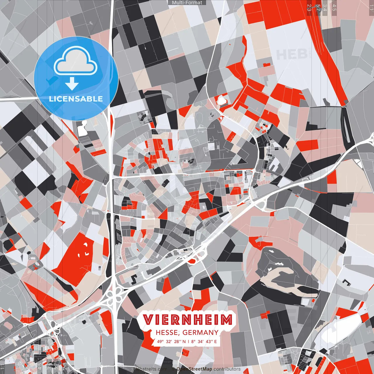 Viernheim, Hesse, Germany - modern street map poster template with gray and red tones