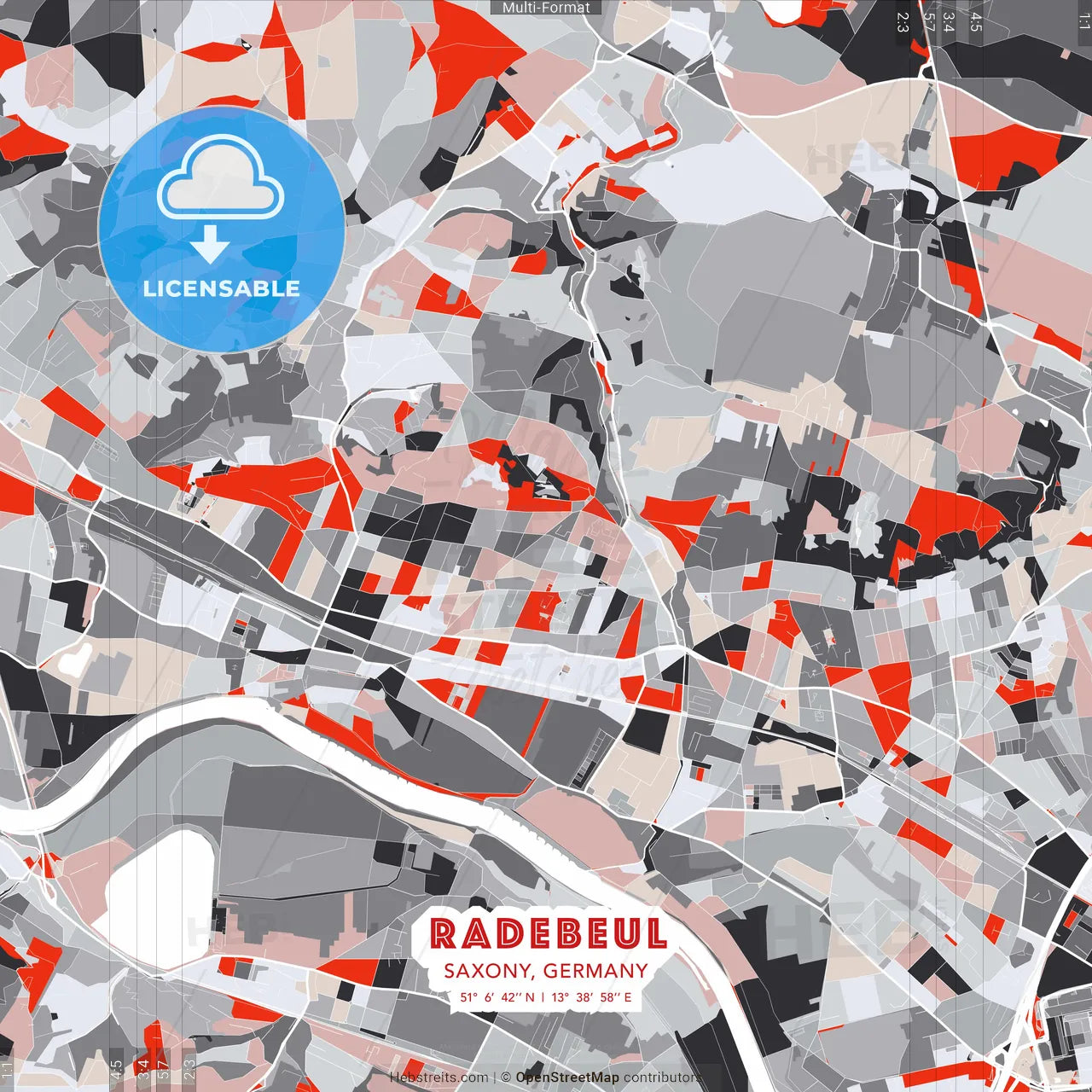 Radebeul, Saxony, Germany - modern street map poster template with gray and red tones