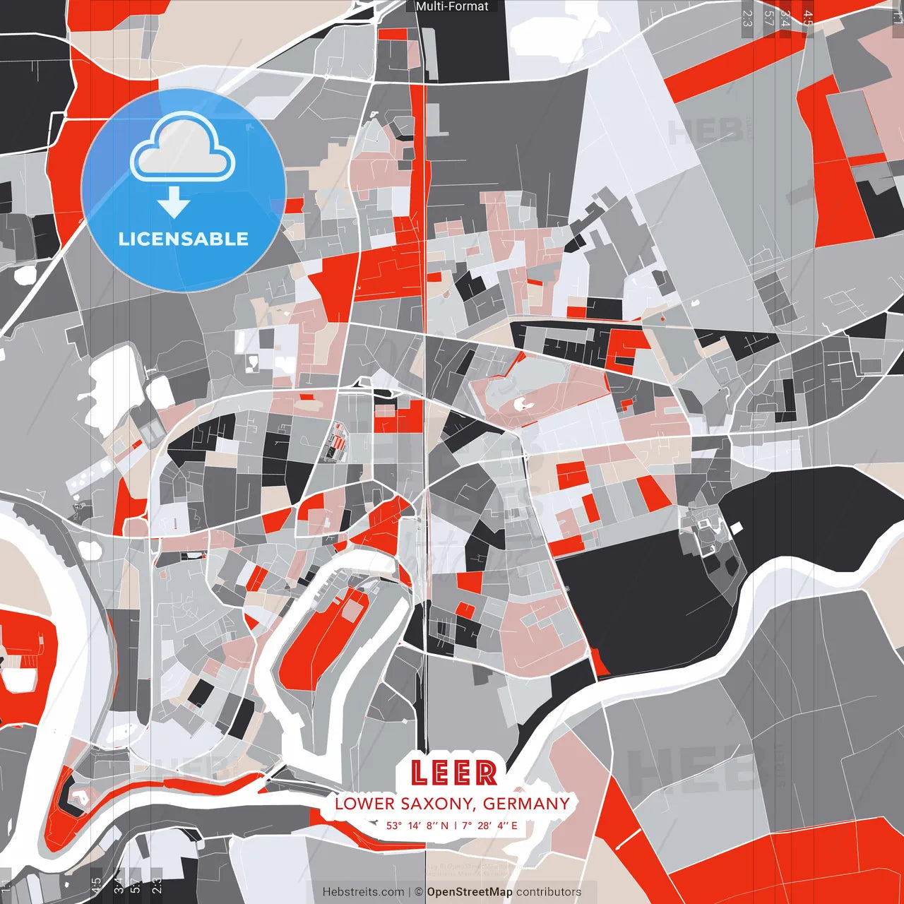 Leer, Lower Saxony, Germany - modern street map poster template with gray and red tones