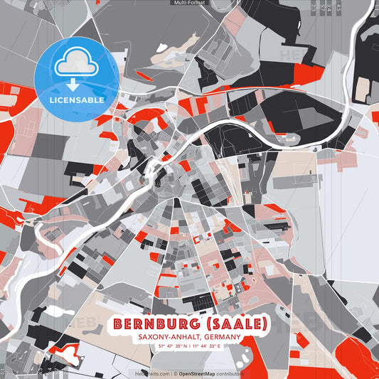 Bernburg (Saale), Saxony-Anhalt, Germany - modern street map poster template with gray and red tones