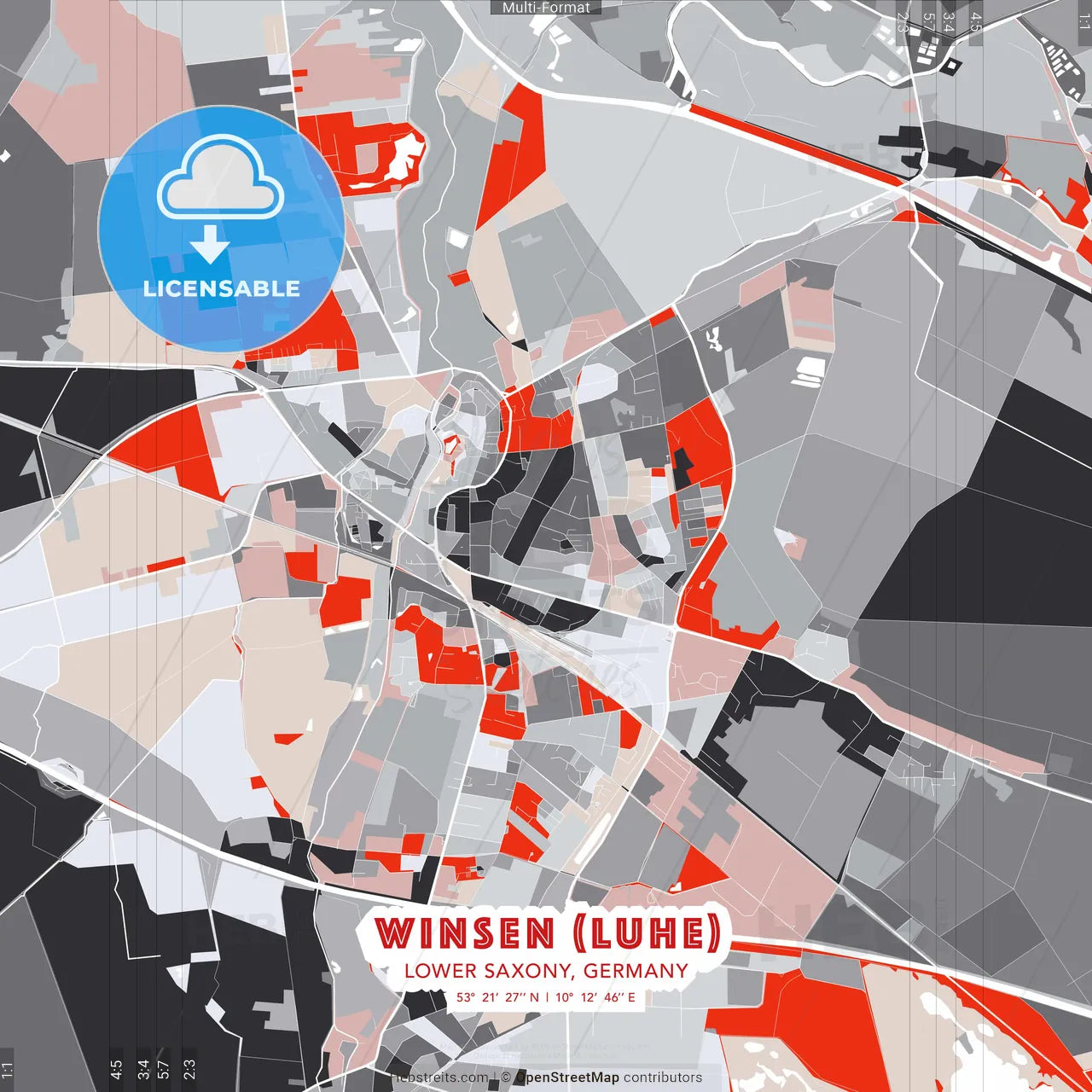 Winsen (Luhe), Lower Saxony, Germany - modern street map poster template with gray and red tones