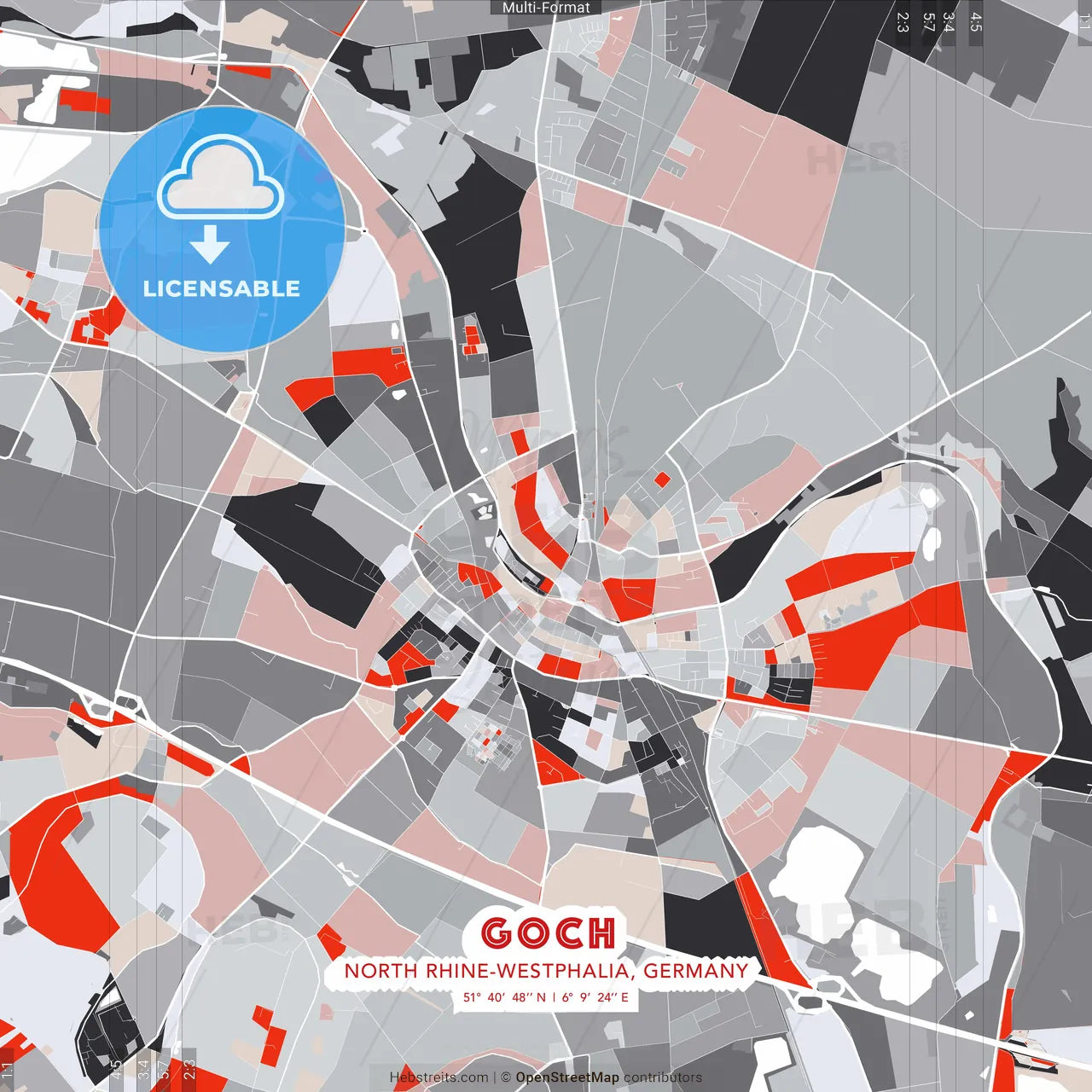Goch, North Rhine-Westphalia, Germany - modern street map poster template with gray and red tones