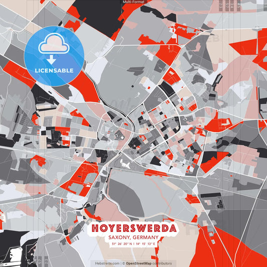 Hoyerswerda, Saxony, Germany - modern street map poster template with gray and red tones