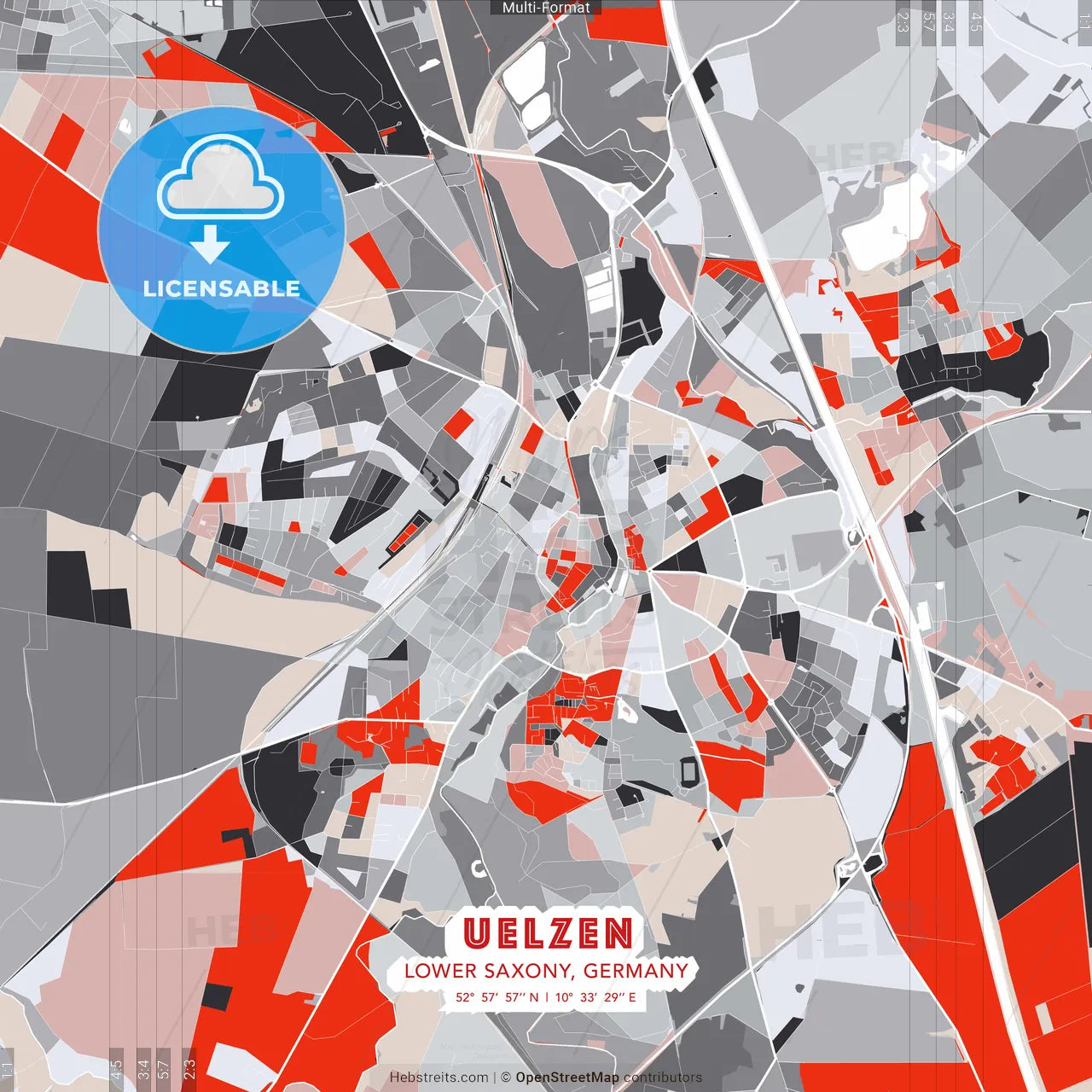 Uelzen, Lower Saxony, Germany - modern street map poster template with gray and red tones
