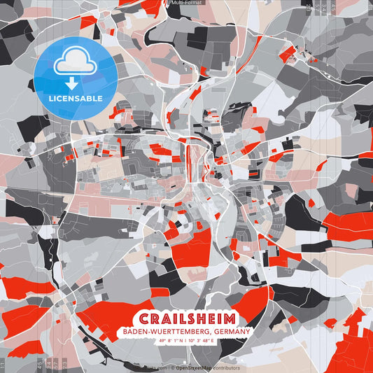 Crailsheim, Baden-Wuerttemberg, Germany - modern street map poster template with gray and red tones
