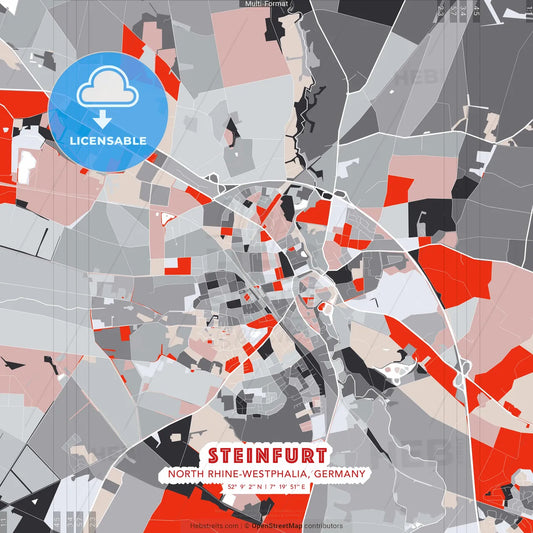 Steinfurt, North Rhine-Westphalia, Germany - modern street map poster template with gray and red tones