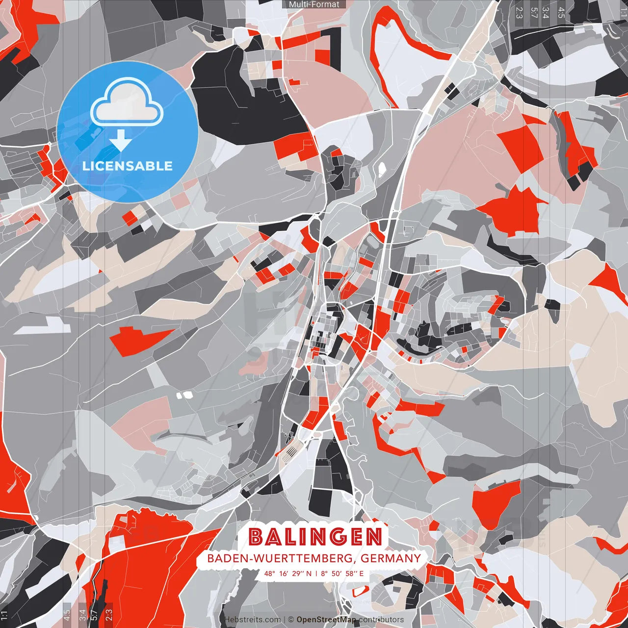 Balingen, Baden-Wuerttemberg, Germany - modern street map poster template with gray and red tones