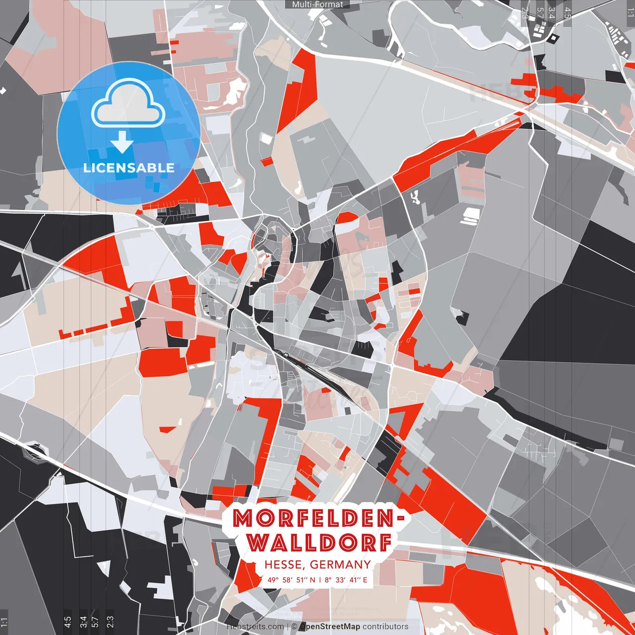 Morfelden-Walldorf, Hesse, Germany - modern street map poster template with gray and red tones