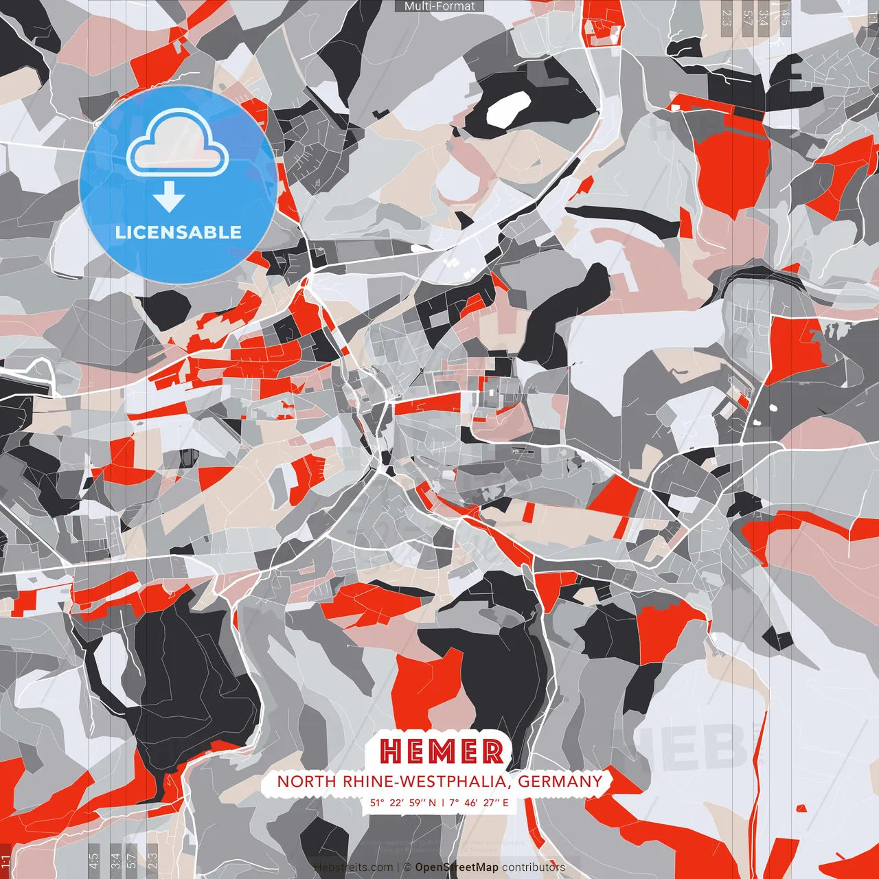 Hemer, North Rhine-Westphalia, Germany - modern street map poster template with gray and red tones