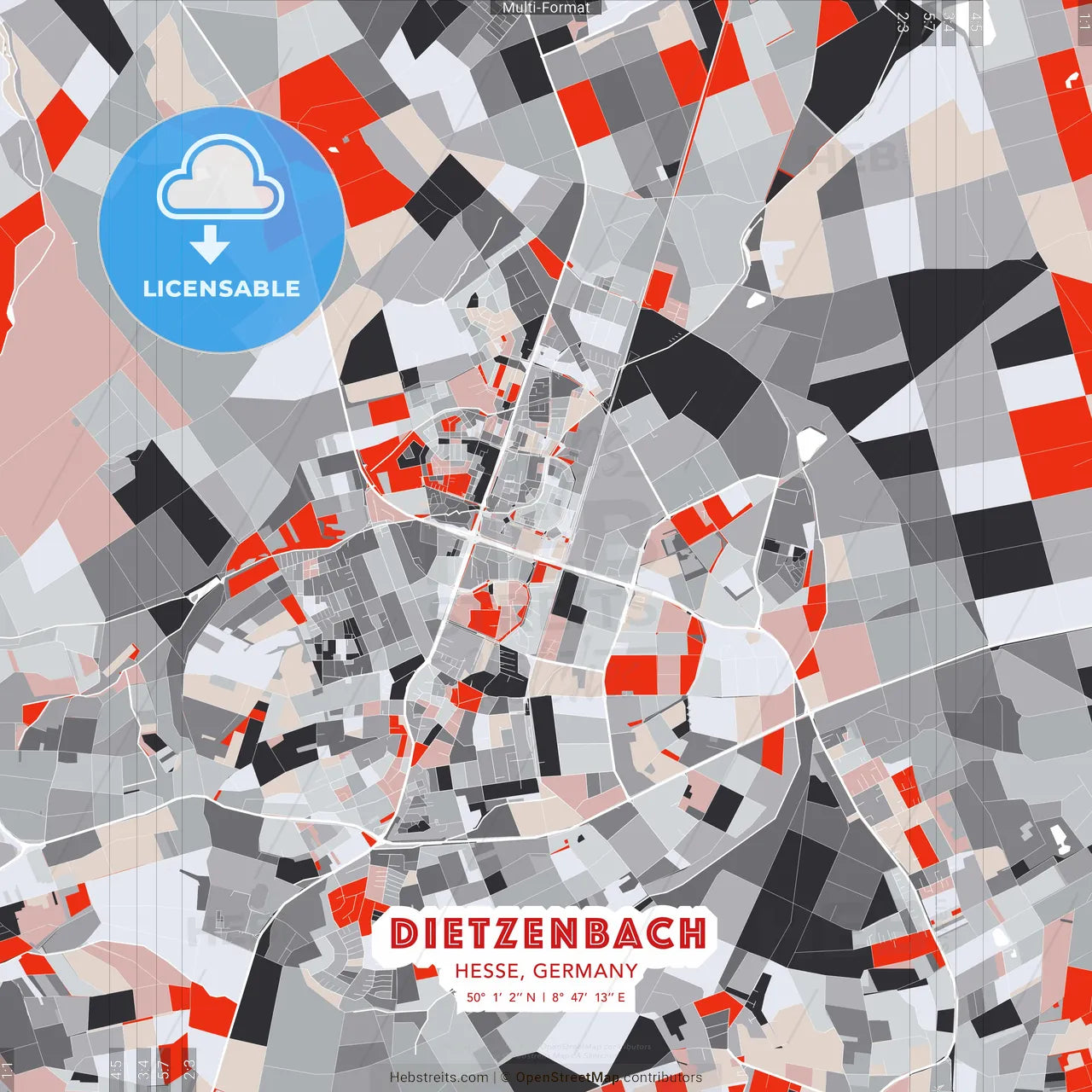 Dietzenbach, Hesse, Germany - modern street map poster template with gray and red tones